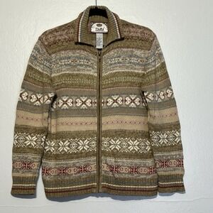 TIARA Women Full zip Sweater Cardigan Fair Isle Nordic Sz S Beige Brown Raspberr